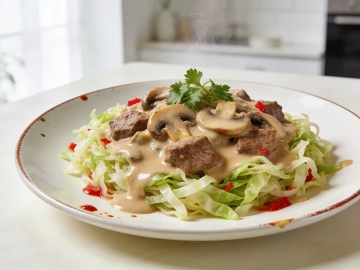 Keto strogonow z makaronem z kapusty