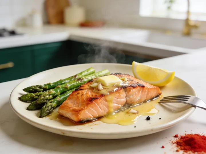 Łosoś pieczony z masłem cytrynowym i szparagami