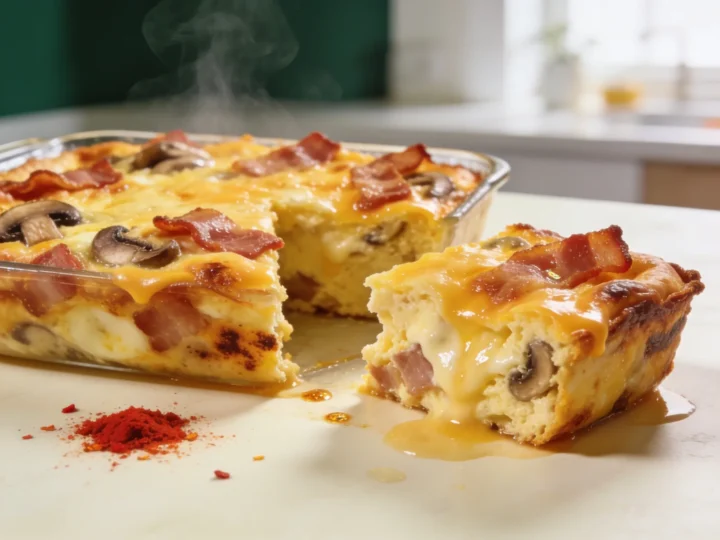 Śniadaniowa zapiekanka z bekonem i pieczarkami