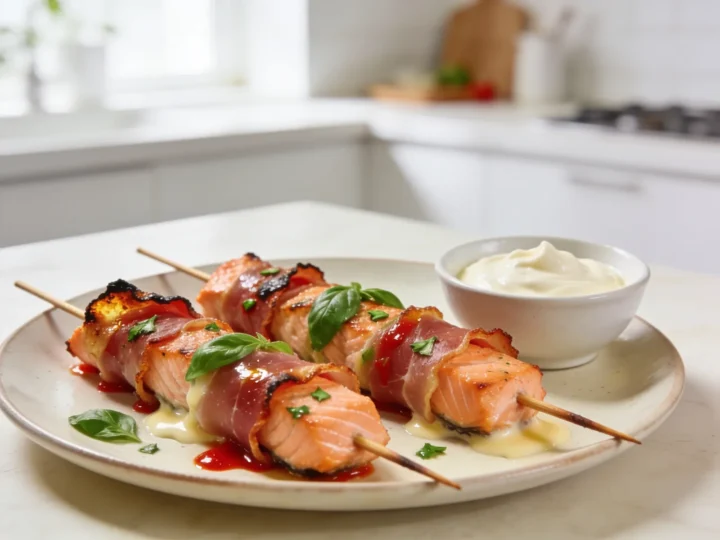 Szaszłyki z łososia zawinięte w prosciutto