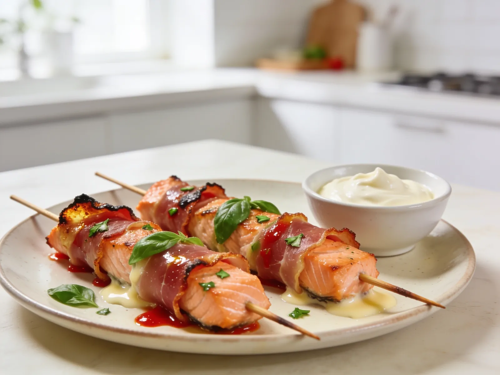 Szaszłyki z łososia zawinięte w prosciutto