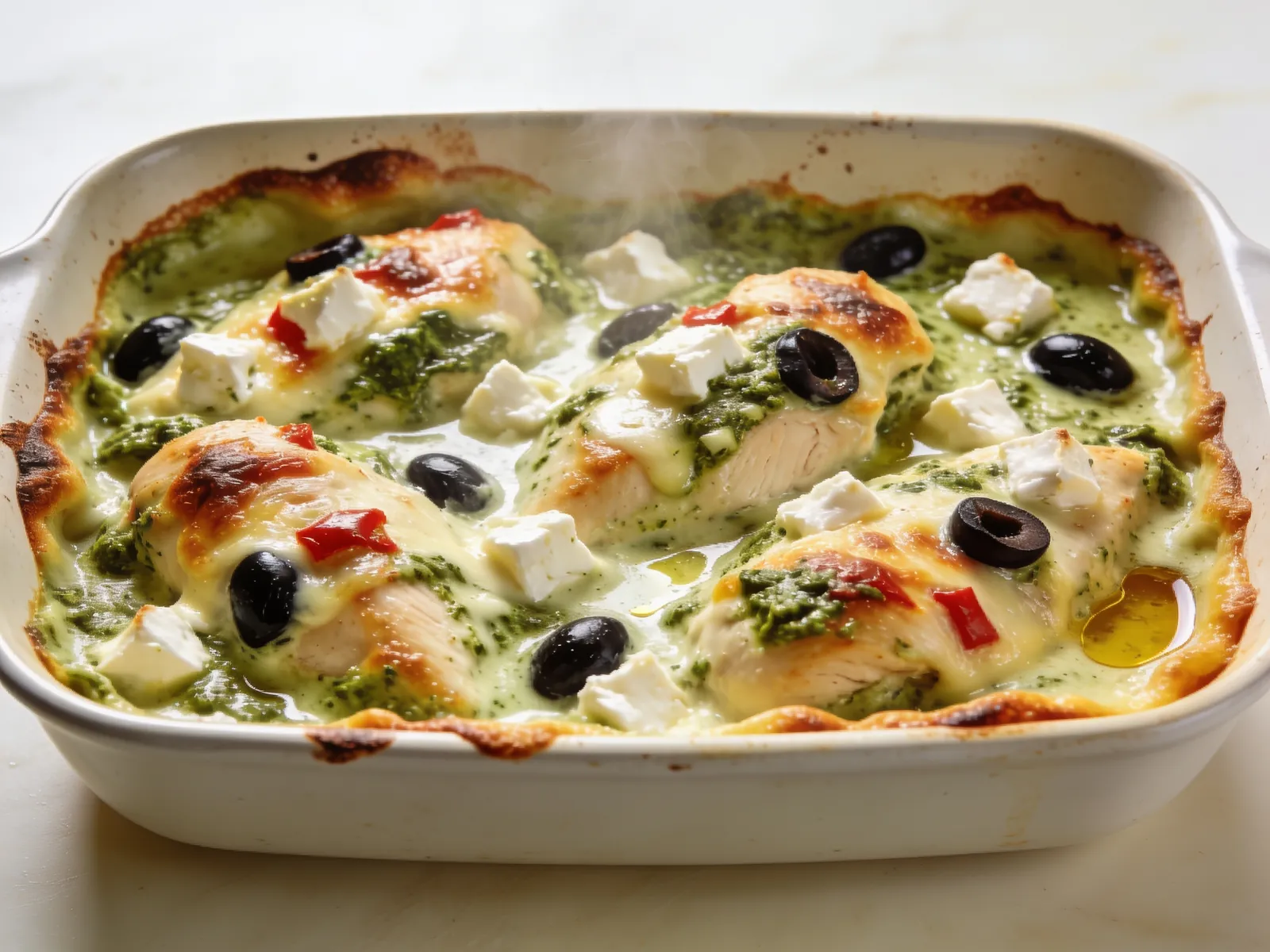 Zapiekanka z kurczaka z fetą, oliwkami i pesto